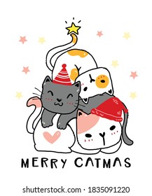 Cat christmas tree, stack of cute naughty cats wear red scarf and hat with Merry catmas, idea for greeting card, printable card, tshirt, wall art, decoration