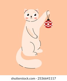 Cat with a Christmas tree toy. Flat vector illustration.