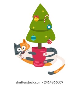 Cat and Christmas tree. Vector illustration in flat style