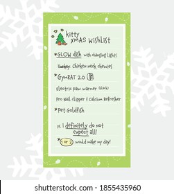 Cat Christmas whish list. Kitty Xmas gift whish list, hand written by a modern young cat of fur baby on paper. Concept for pets imitating humans or if pets could talk. Human pet owner parody. 