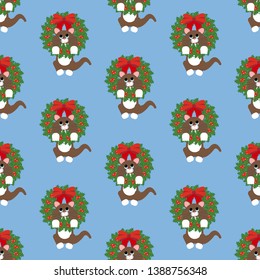 Cat in christmas wreath pattern on the blue background. Vector illustration