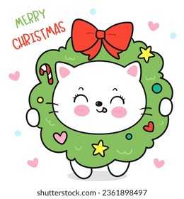 Cat Christmas wreath santa cartoon (happy new year kids) animal kawaii kitten vector for fairy tale book. Perfect make a wish for winter festival, celebration party children, princess party, pattern.
