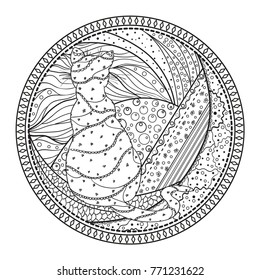 Cat. Circle mandala. Hand drawn zendala with abstract patterns on isolation background. Design for spiritual relaxation for adults. Black and white illustration for coloring. Printing on t-shirts