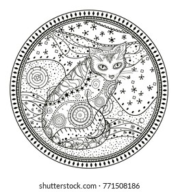 Cat. Circle mandala. Hand drawn zendala with abstract patterns on isolation background. Design for spiritual relaxation for adults. Black and white illustration for coloring. Printing on t-shirts