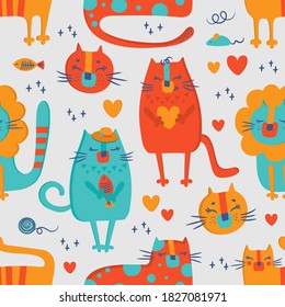 CAT CIRCUS Hand Drawn Flat Design Grunge Style Cartoon Cute Animal Seamless Pattern Vector Illustration For Print