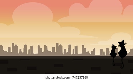 Cat and city background vector. free space for text.