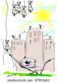 Cat in a city with fish