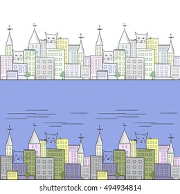 Cat city - horizontal pattern in pastel colors, two options to choose from 