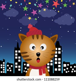 Cat in the city at night