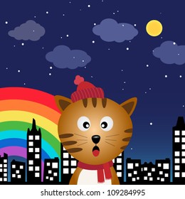 Cat in the city at night with rainbow