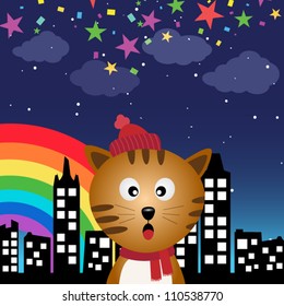 Cat in the city at night with rainbow