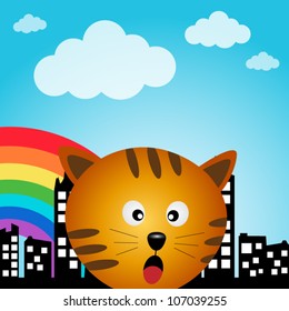 Cat in the city with rainbow