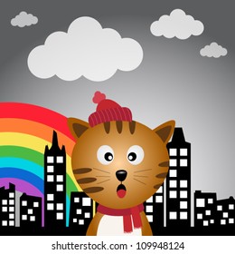 Cat in the city with rainbow