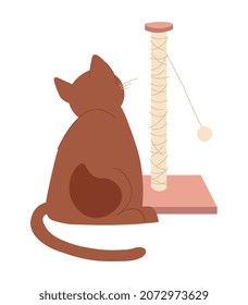 Cat with claw. Pet looks at pendulum, time for games, rest, entertainment. Comfort, coziness. Scratching post, owners help animal to develop hunting instincts. Cartoon flat vector illustration