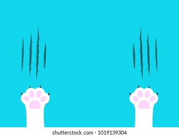 Cat claw scratching set. White paw print leg foot. Bloody claws animal red scratch scrape track. Cute cartoon character body part silhouette. Baby pet collection Flat design Blue background. Vector