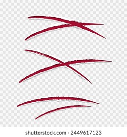 Cat claws red scratches, torn paper edge isolated on transparent background realistic. Damaged surface textured holes. 