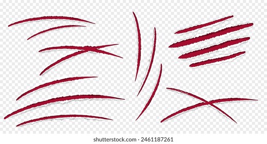 Garras de gato arañazos rojos, borde de papel rasgado aislado sobre fondo transparente realista. Orificios con textura de superficie dañados. 