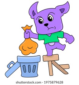 cat in a clean manner throws the trash in the trash can, vector illustration art. doodle icon image kawaii.
