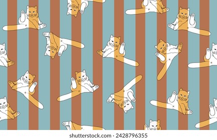 cat cleaning himself wallpaper. background. seamless pattern. striped line