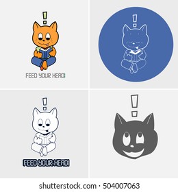 Cat. Clever cat reading a book. Tomcat had an idea. Flat design. Cartoon style. Funny set. 