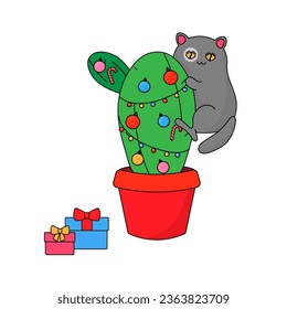 the cat climbed up the cactus tree. New Year and Christmas. 
