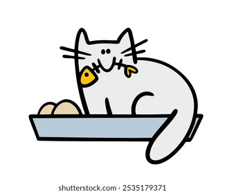 Cat climbed into the plate and ate the food. A kitten sits on a table and holds a fish skeleton in its mouth. Vector illustration of a pet who committed a prank. Impudent animal isolated on white.