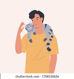 A Cat Climbing A Man's Shoulder. Portrait Of Happy Pet Owner. Vector Illustration In A Flat Style