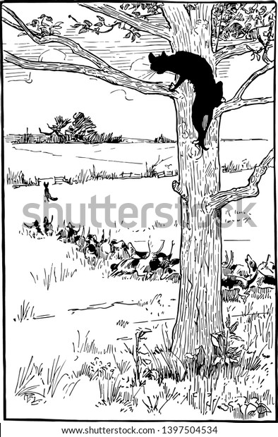 木に登る猫や他の動物が走り ビンテージ線画や彫刻イラストを描いている のベクター画像素材 ロイヤリティフリー