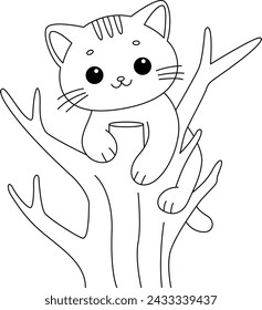 The cat is climbing the tree coloring page. Cartoon style character.