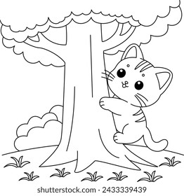 The cat is climbing the tree coloring page. Cartoon style character.