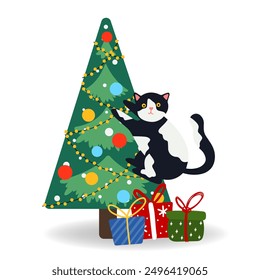 Cat climbs the Christmas tree, gift boxes in flat style Vector illustration. Isolated for holiday designs banner, cover, advertisement, greeting card. Concept of Christmas and New Year