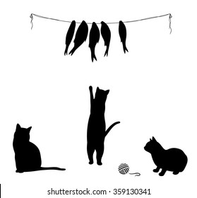 Cat climbs to dried fish, three cat silhouettes. Vector illustration.