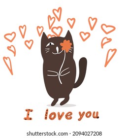 Cat with closed eye flower, Valentine's Day, lettering I love you