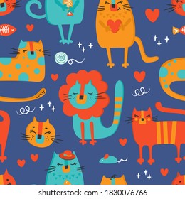 CAT CLOTH handgezeichnete Flach-Design-Cartoon Zoo Circus Cute Animal Seamless Muster Vektorgrafik für die Printwerbung