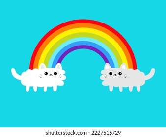 Katzenwolke-Regenbogen. Weißes graues Kätzchen. Cute Cartoon lustigen Charakter. Valentinstag. Kawaii-Tier. Grußkarte. Symbol für LGBT-Zeichen. Flaches Design. blauer Himmelshintergrund. Vektorgrafik