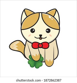 a cat with a clover leaf, a cat's lucky leaf vector illustration in flat design eps 10