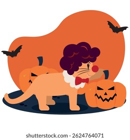Cat clown costume pumpkins. Vector illustration