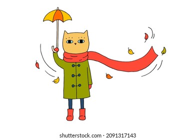 Cat in a coat and a scarf under an umbrella. Autumn. Leaf fall. Wind. Hand-drawn illustration. Doodle.