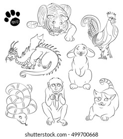 cat, cock, dragon, monkey, rabbit, snake, tiger. For your convenience, each significant element is in a separate layer. eps10