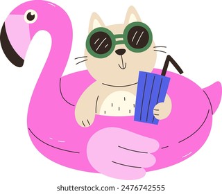 Cat With Cocktail On Swimming Ring Vector Illustration