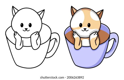 cat in coffee cup coloring page for kids