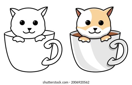 cat in coffee cup coloring page for kids