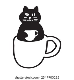 Gato con taza de café sentado en una taza grande. Icono aislado. Dibujado a mano ilustración de contorno sobre fondo blanco.