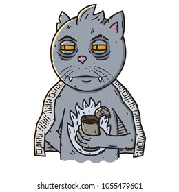 Cat with coffee cup. Vector character.