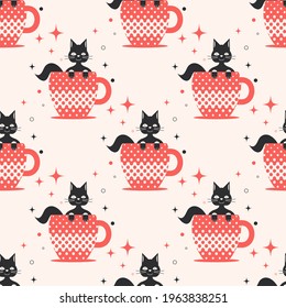 Gato en una taza de café. Ilustración vectorial para banner, pegatina, tarjeta de saludo, productos animales.Patrón.Diseño plano..