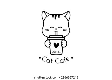 cat and coffee logo, kitten holding coffee cup drink with Mascot cartoon vector icon illustration