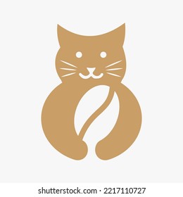 Cat Coffee Logo Negative Space Concept Vector Template. Cat Holding Coffee Symbol
