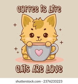 Cat with Coffee Retro Tshirt Design Vector Illustration