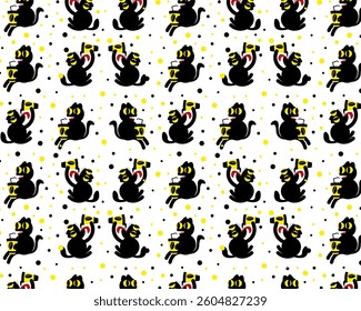 Cat with coffee seamless pattern. Vector.