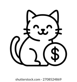 Gato con un ícono de línea de Vector de moneda en un fondo blanco Ícono de línea de Vector en un fondo blanco